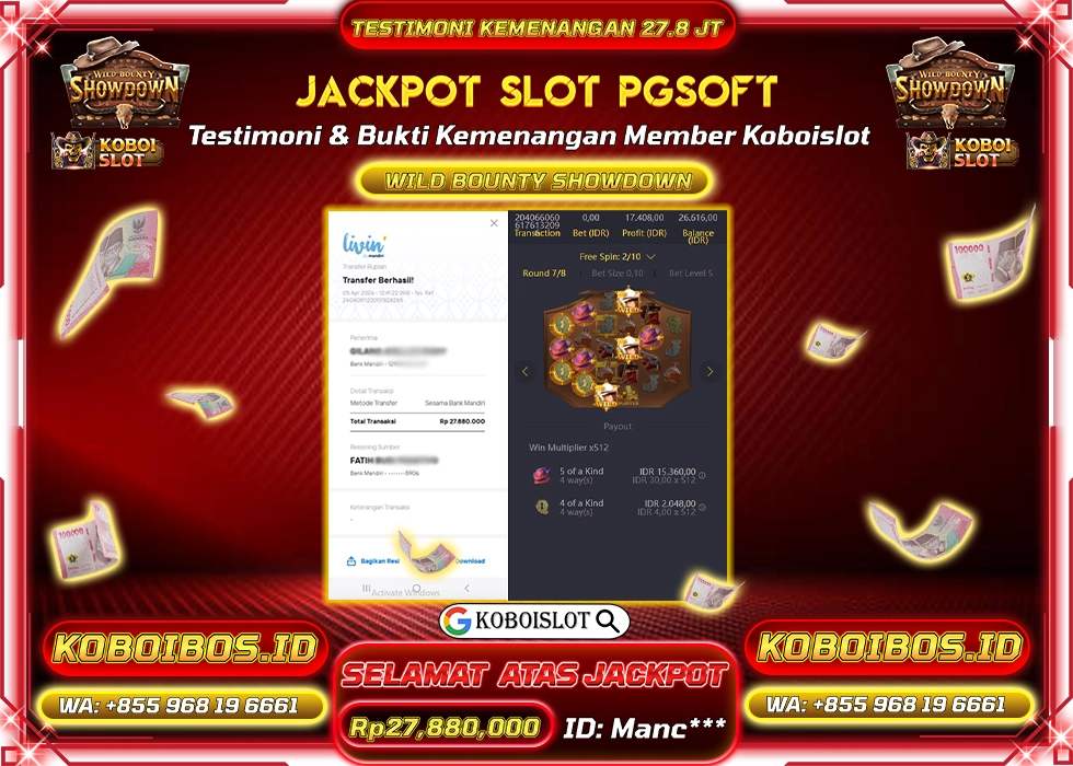 BUKTI KEMENANGAN Manc*** SLOT GACOR WILD BOUNTY SHOWDOWN Rp27.880.000,- LUNAS